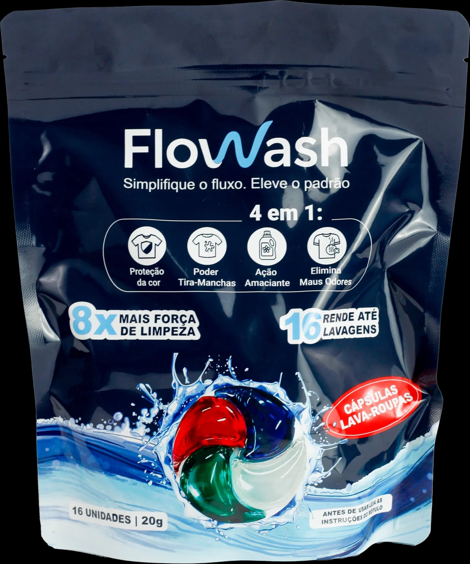 Embalagem oficial Flowash com 16 cápsulas